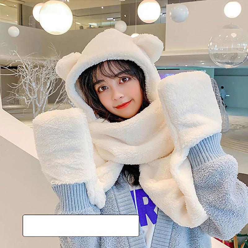 Hat Scarves Cashmere Warm Winter Scarf Pockets Glovers All In One Women Fashion Shawls Cat Ear Cute Kawaii Winter Scarfs
