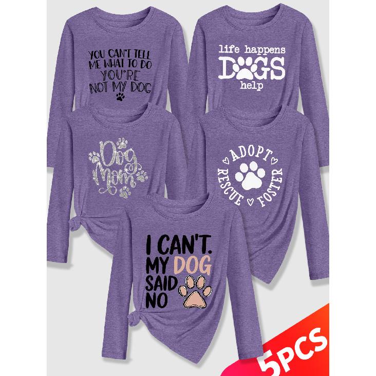 Lele Orientation Five-piece women's long-sleeve set Paw print canine-themed fun English phrases with a healing retro print Spring, Summer, Autumn