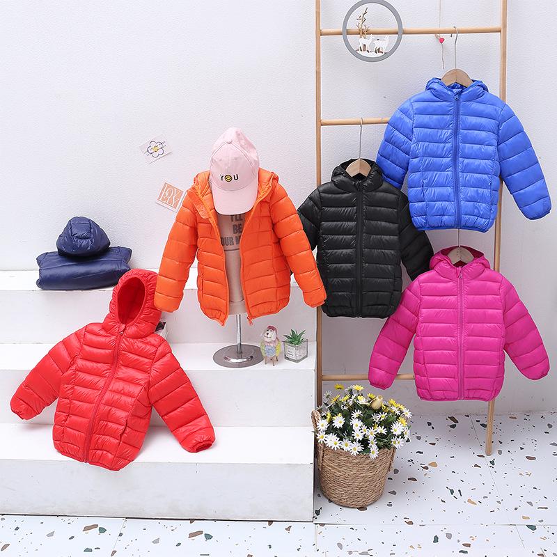 Autumn/Winter Solid Color Hooded Children's Down Cotton Jacket - Lightweight and Warm for Boys & Girls.