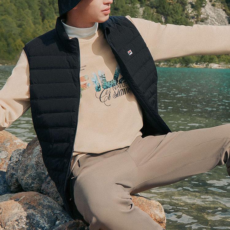 Fila FW22 Цветной блок Однотонная вышивка букв Повседневный пуховый жилет Мужские жилеты Черный F11M248912F-BK
