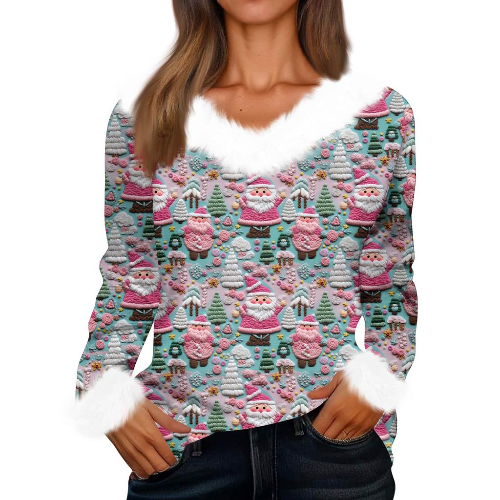 Women's Fashionable Casual V-Neck Christmas Print Long-Sleeved Top