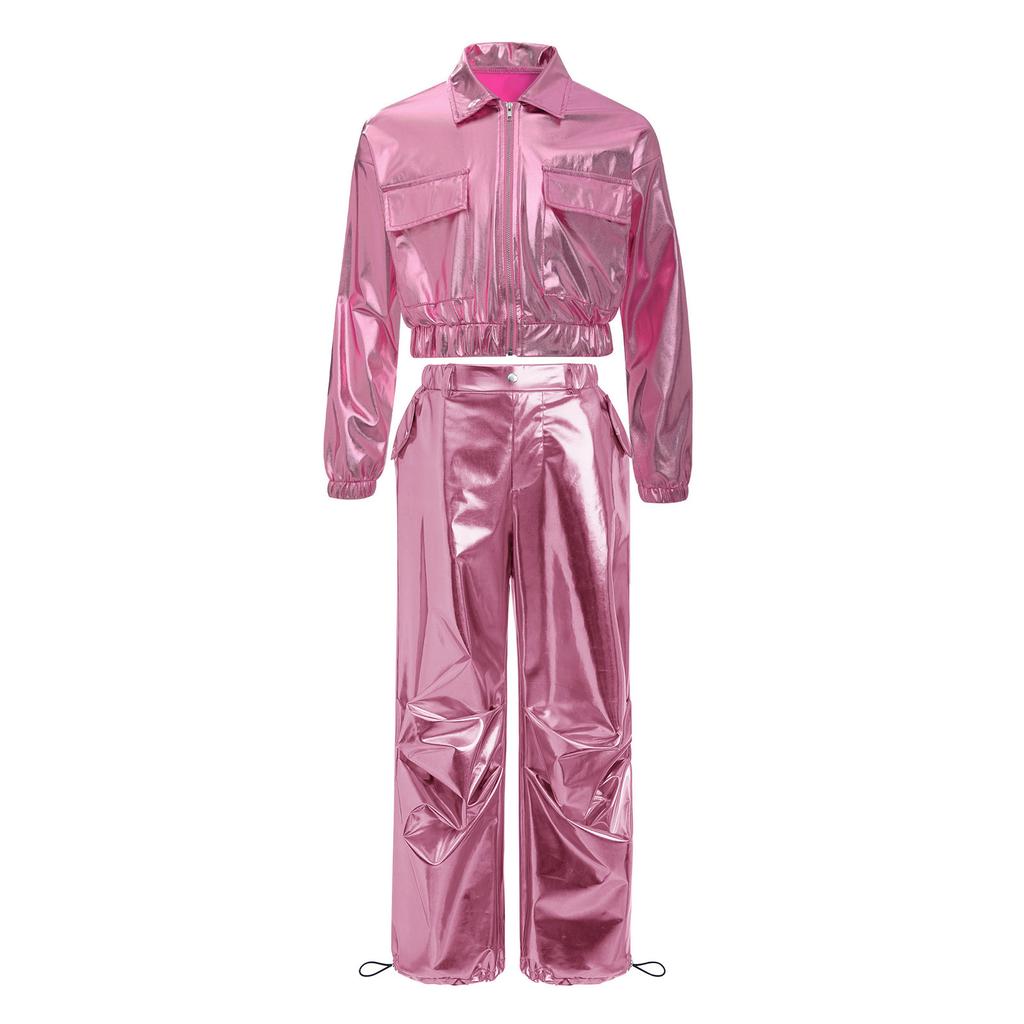 Unisex Kids Shiny Metallic Jacket Drawstring Cargo Pants Hip Hop Jazz Dance Costume Set