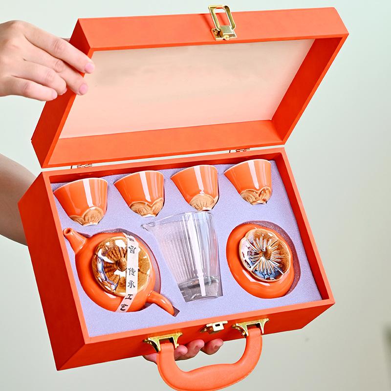 High-end persimmon tea set, all the best set, orange teapot gift box, ceramic set, full set of teacups