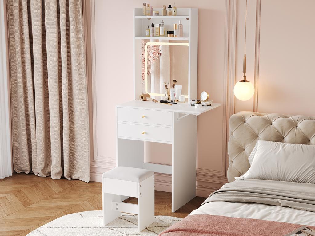Small vanity table with adjustable LED lighting, incl. 1 stool, 2 drawers, two open compartments with 25cm foldable table top, White, 75x156x45 cm
