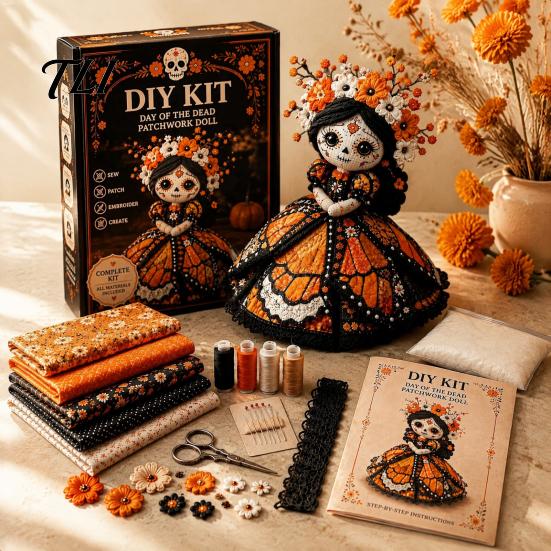 Beginner Friendly Sewing Project Halloween Patchwork Doll DIY Kit, Skeleton Witch Girl Handmade Easy Embroidery Starter Set Fabric Craft for