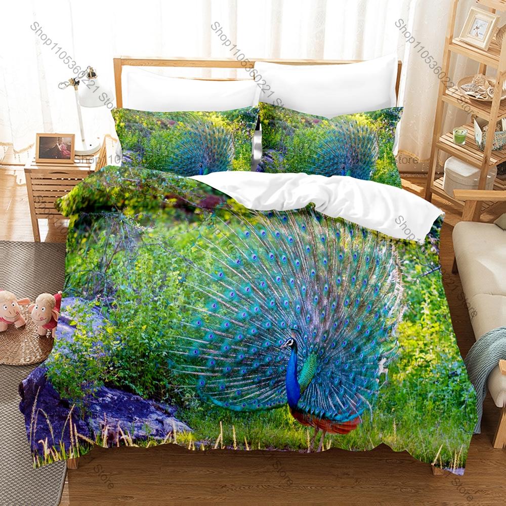 Peacock Printed Bedding Set, Duvet Cover + 2 Pillowcases Elegant Bird Pattern Soft Bed Sheets for Living Room Dorm Decoration