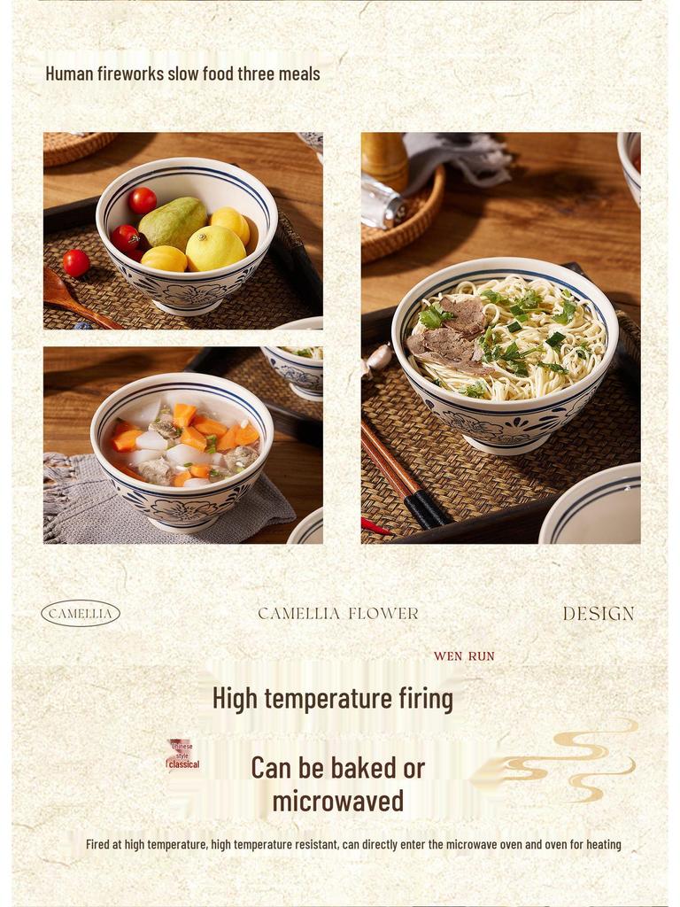 Retro Hand-Painted Blue & White Large Noodle Bowl - High-Footed Porcelain for Creative Dining