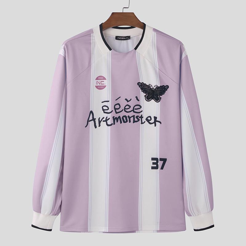 INCERUN Мужские футболки с круглым вырезом и длинным рукавом с буквенным принтом, повседневные полосатые топы