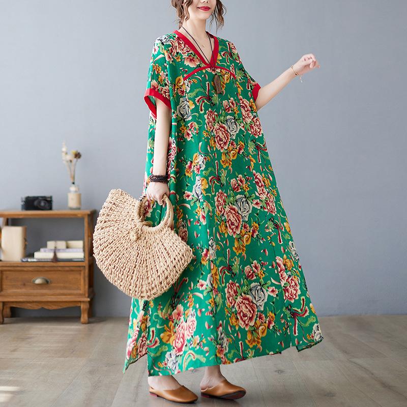 Летнее свободное платье большого размера в китайском стиле с V-образным вырезом, контрастное хлопковое льняное платье с короткими рукавами, утягивающее, средней длины, для женщин, платья