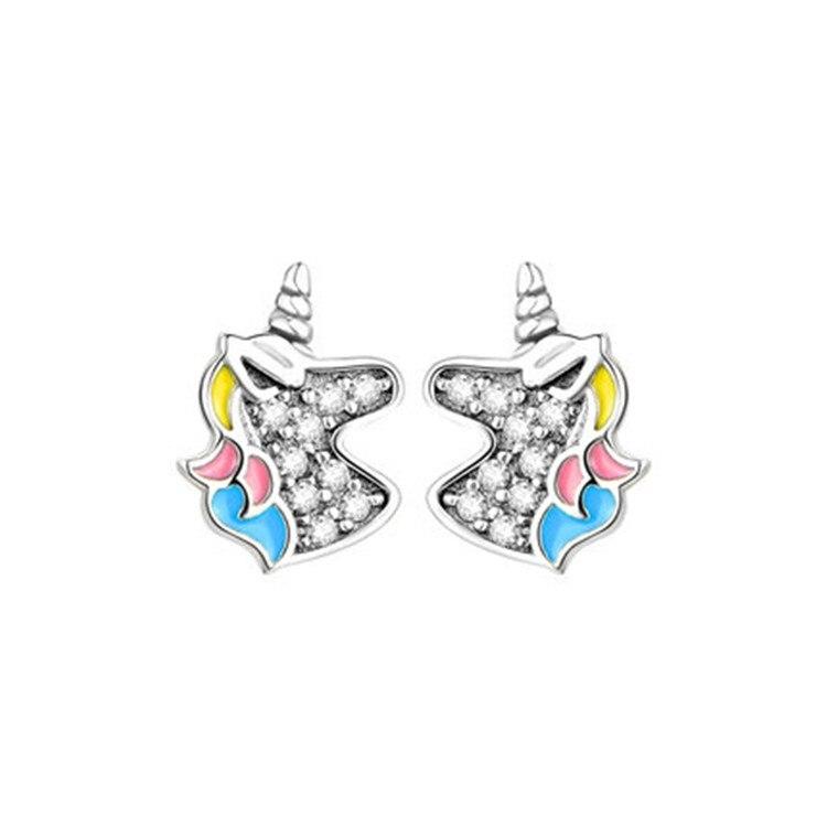 925 Sterling Silver Dazzling Unicorn Licorne Stud Earrings for Women Kids Wedding Gift Female Pendientes