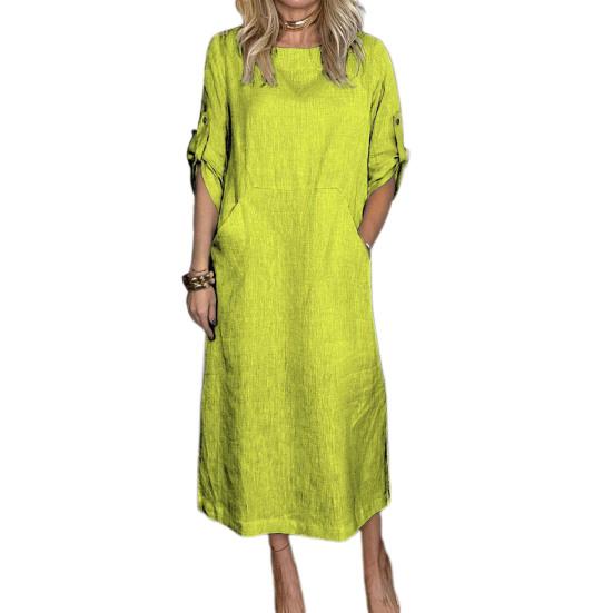 Fall Spring Women Dress Short Sleeve with Cufflink Round Neck Solid Color Loose Big Pocket Commute Daily Wear Midi Dress