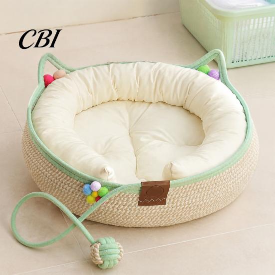 Woven Cat Bed Handwoven Cotton Rope Bed, Scratchable Indoor Sleeping Basket, Portable Pet House for Living Room Breathable Round Cats Kittens