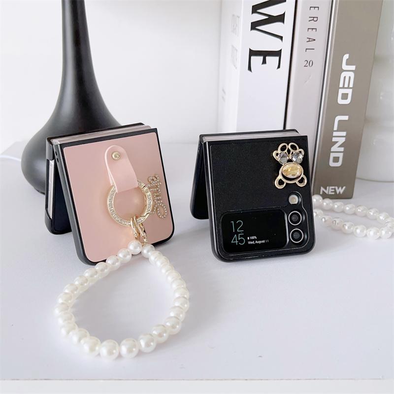 Милый чехол для телефона с кольцом на палец и жемчужной цепочкой для Samsung Galaxy Z Flip 4 3, чехлы с украшениями из мультфильма медведя для Z Flip3 Flip4 5G