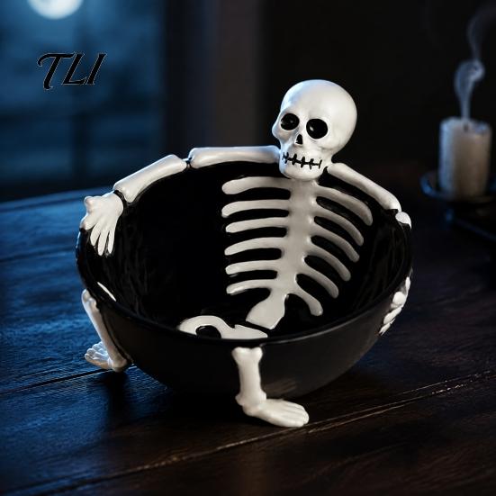 Decorative Resin Tray Halloween Skeleton Lounging Tidbit Serveware, 3D Relief Candy Bowl for Gothic Kitchenware Snacks Dips, Creative Party