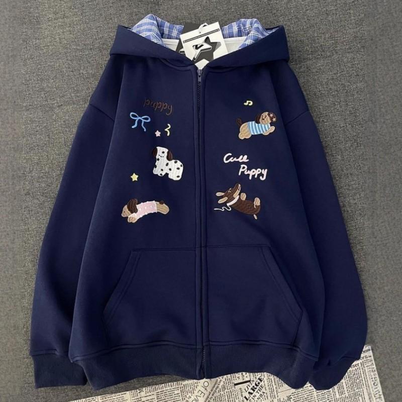 Womens Cotton Hooded Sweatshirt Embroidered Plaid Detail Zip-Up Loose Fit Casual Winter Wear