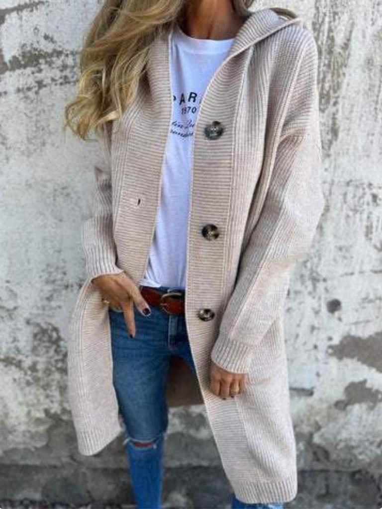 Women's Autumn/Winter Hooded Knitted Cardigan Sweater with Pockets and Buttons - European & American Style