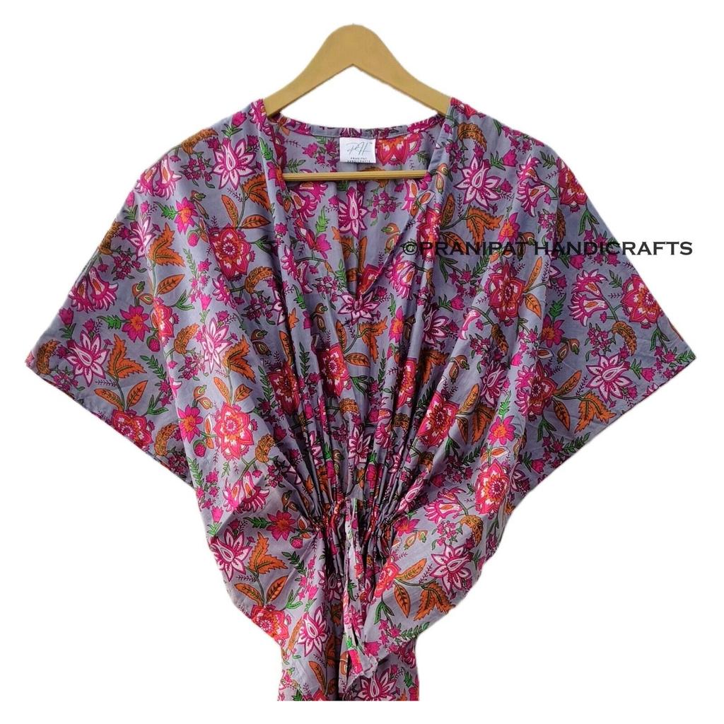 Индийское серое длинное платье-кафтан из хлопка с цветочным принтом в стиле хиппи, женское ночное платье CKFTN-SCRN-FULL-BUYIT-044