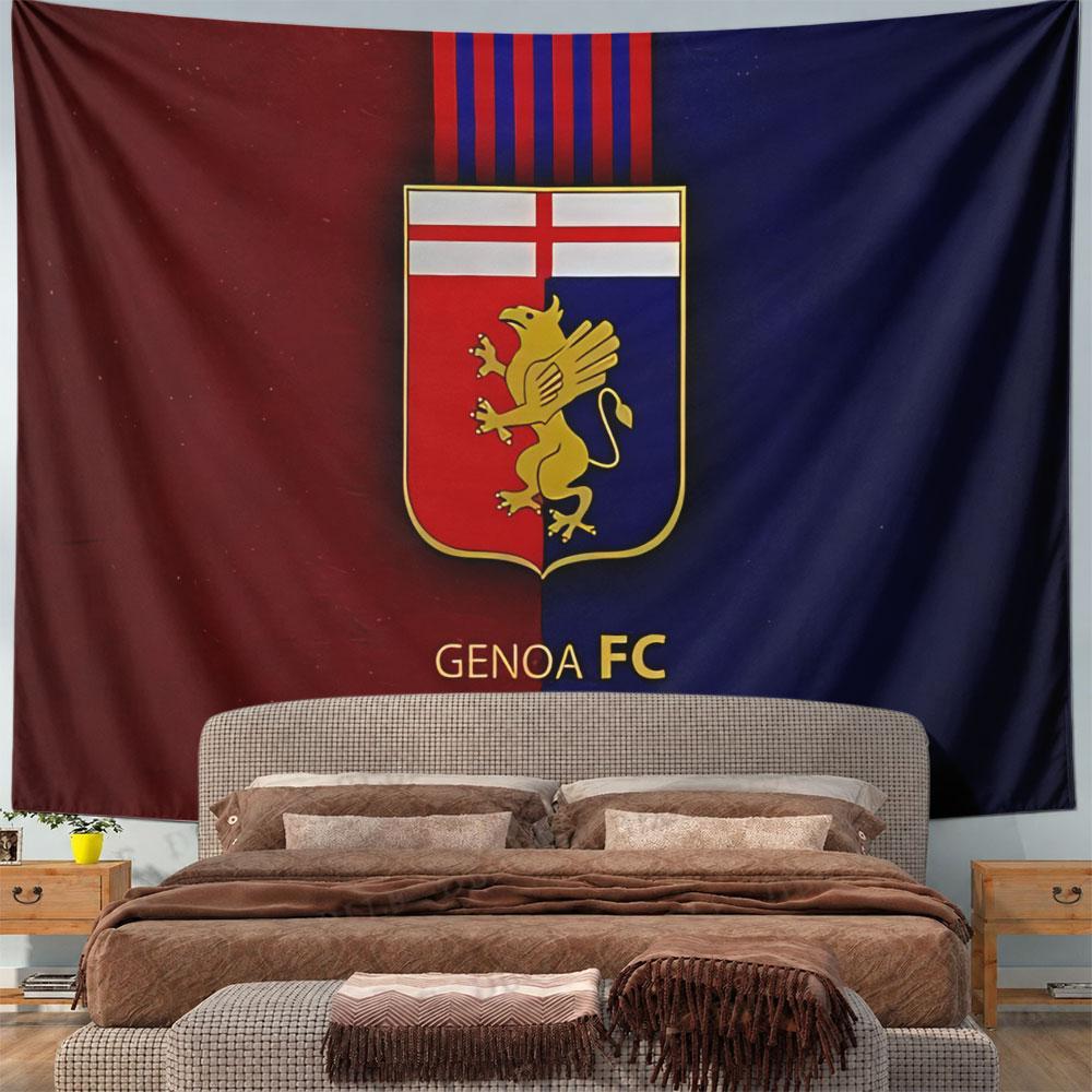 Split red-blue background with Genoa FC logo featuring a golden griffin. Patterned tapestry for bedroom and living room home decor