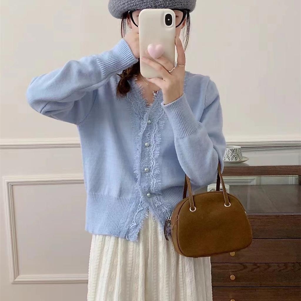 Women's Autumn and Winter Sweet V-neck Lace Knit Cardigan Sweater