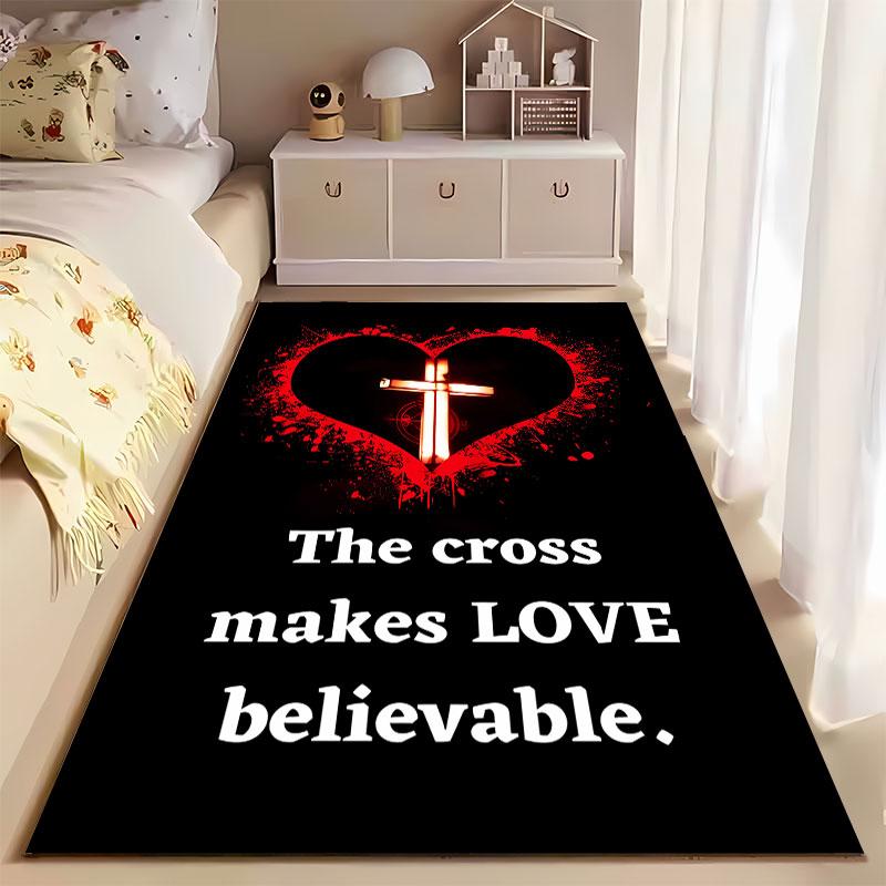 Cross and Heart Inspirational Carpet suitable as a non-slip mat for the living room or bedroom sofa