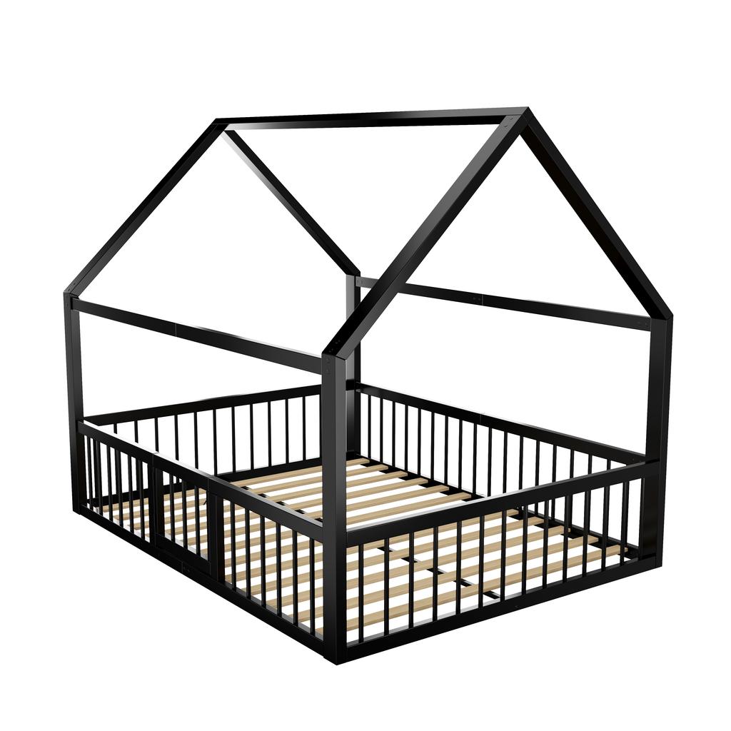 Flat bed, metal bed, 140 x 200 cm, metal bed frame, iron bed, children's bed, without mattress, house decorative trim, parapet, black