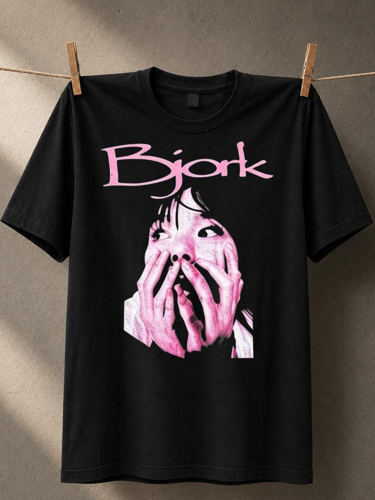 Bjork Pink Portrait Graphic With Hands Covering Mouth Handwritten Logo Lettering And Dreamy Art Pop Unisex All TShirt