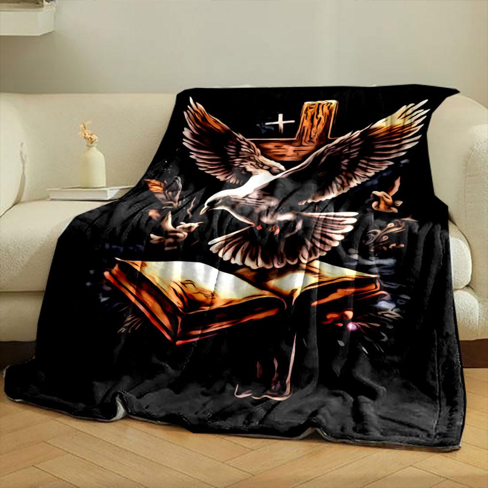 A dove, an open book, and a wooden cross with a glowing background. for all seasons blanket lunch break throw gift