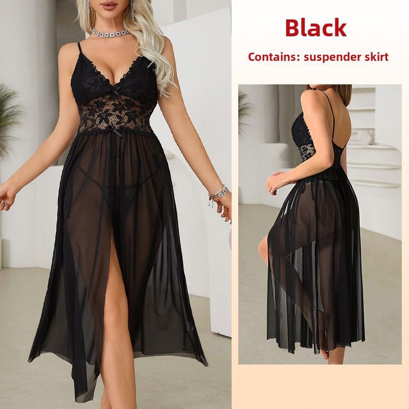 Эротическое нижнее белье большого размера, сексуальная сетчатая кружевная пижама, юбка с разрезом на подтяжках, длинная домашняя пижама