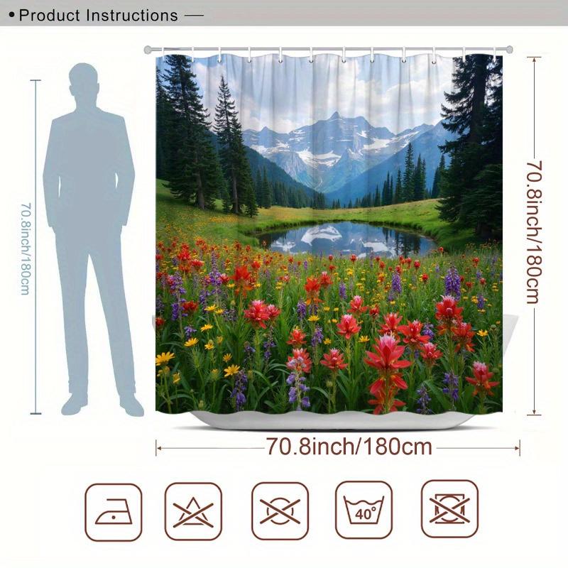 1pc Shower Curtain - Idyllic Alpine Landscape with a Serene Lake and Vibrant Wildflowers, Perfect for Bathroom Decoration