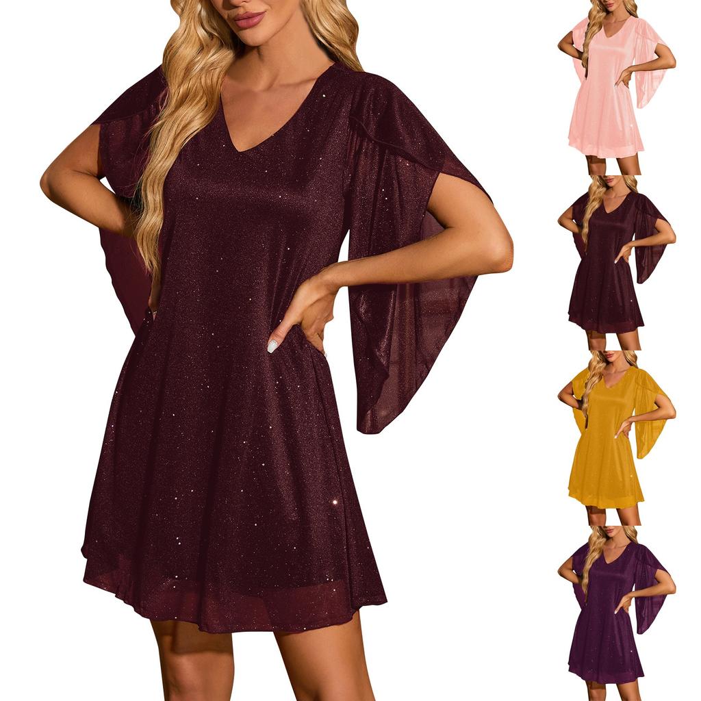 Women's Fashion Long Casual Dress With Irregular Sleeves In Solid Color Sequins