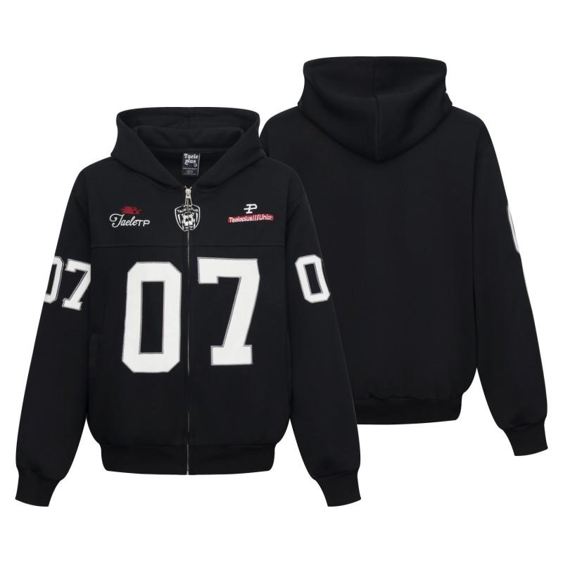 Unisex Vintage Sport Hooded Zip-Up Sweatshirt With Embroidery Loose Fit Fall Casual Top