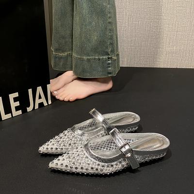 Мода Модные Летние Женские Тапочки 2025 Новые Домашние Тапочки Ретро Острый Носок Металлическая Пряжка Модные Полутапочки