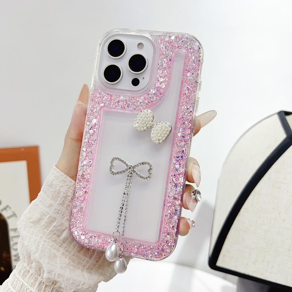 For iPhone 16 Pro Max Case with Bow Decor Glitter Rhinestone Epoxy Design TPU Phone Cover