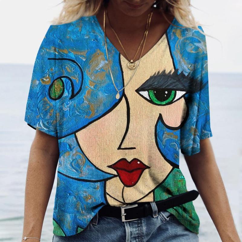 3D Digital Printed Short Sleeved Top for Women Fashionable Casual Street Women V-neck T-shirt T-Shirts (women’s)