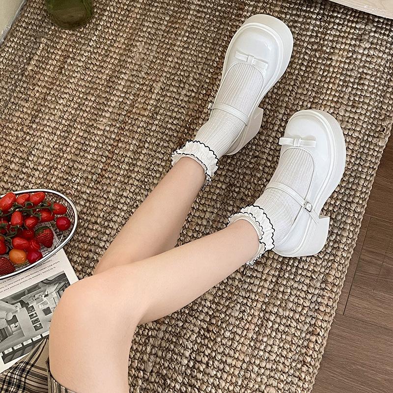 WHOHOLLRetro Lace Shoes Women Spring Season High Heels Jk Uniform Thick Bottom Single Shoes Pure Color Synthetic Leather Use 39