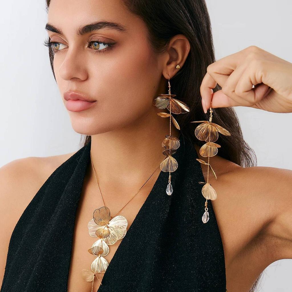 Salircon Модное Элегантное Длинное Металлическое Цветок Лепесток Кисточка Подвеска Ожерелье Серьги Женские Изысканные Серьги Банкетный Набор Украшений