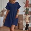 Summer Mini Dress Ruffled Short Sleeves O Neck Pleated A-line Dress Pure Color Loose Hem Dress for Dating Shopping Travel