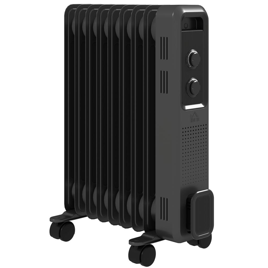 2000W Oil Filled Radiator, 9 Fin, Portable Electric Heater with 3 Heat Settings, Safety Cut-Off and Wheels, Grey