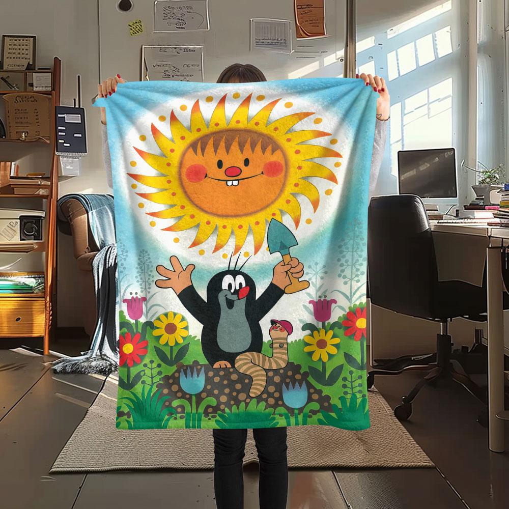 Krtek Printed Flannel Blanket, soft throw for bedroom sofa, washable, fan merchandise, great gift.