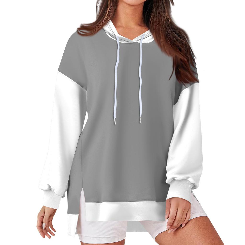 Women's Fashionable Casual Hoodie Long Sleeved Drawstring Pullover Solid Color Splicing Printed Loose Slit Sweatshirt