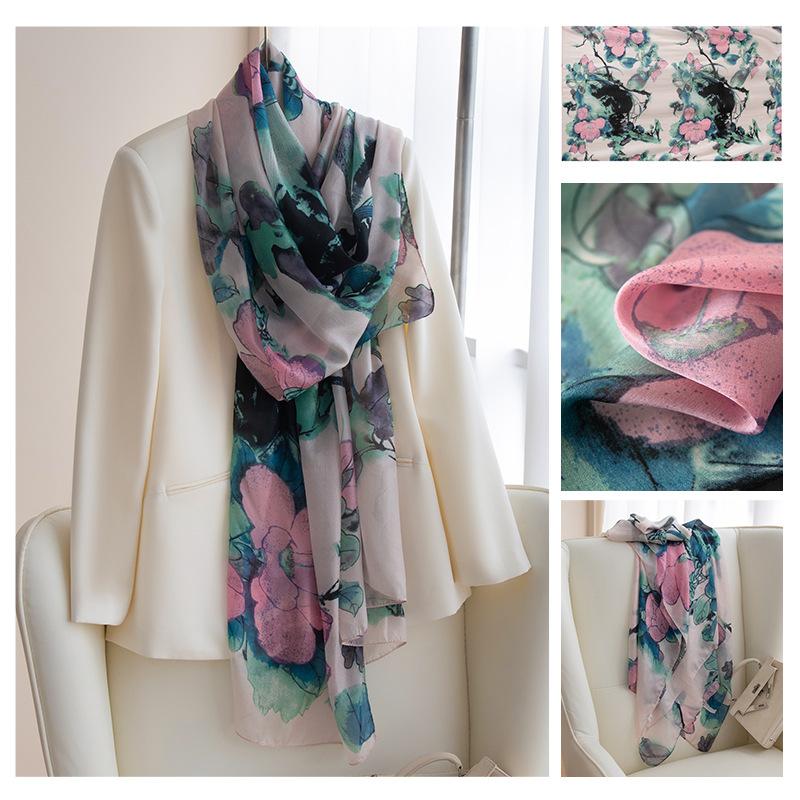 Длинные полосы шелкового шарфа  Высококлассный шарф из тутового шелка  Женский свежий маленький цветочный тонкий стиль  Атмосфера  Большая шаль