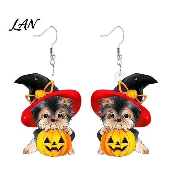 Cute Halloween Gift for Her Witch Hat Puppy Earrings, Dog Pumpkin Drop Fashionable Acrylic Earrings Lightweight Jewelry, Accessories Women Girls