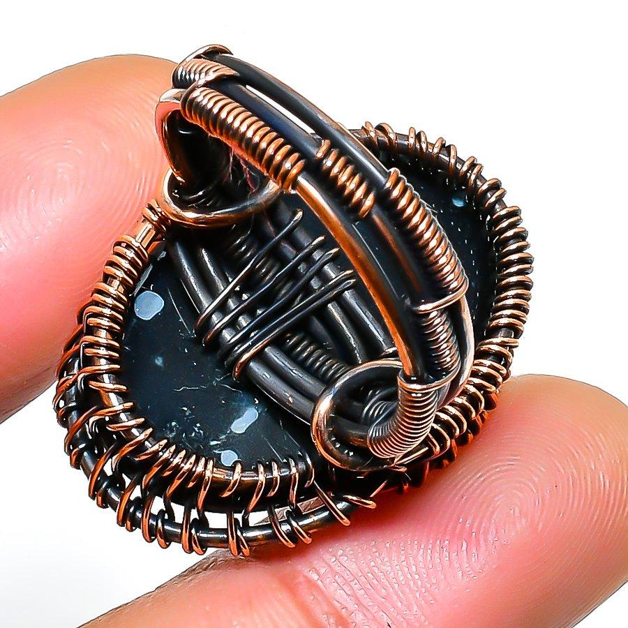 Ювелирное кольцо ручной работы из медной проволоки со снежинкой и обсидианом, размер 8