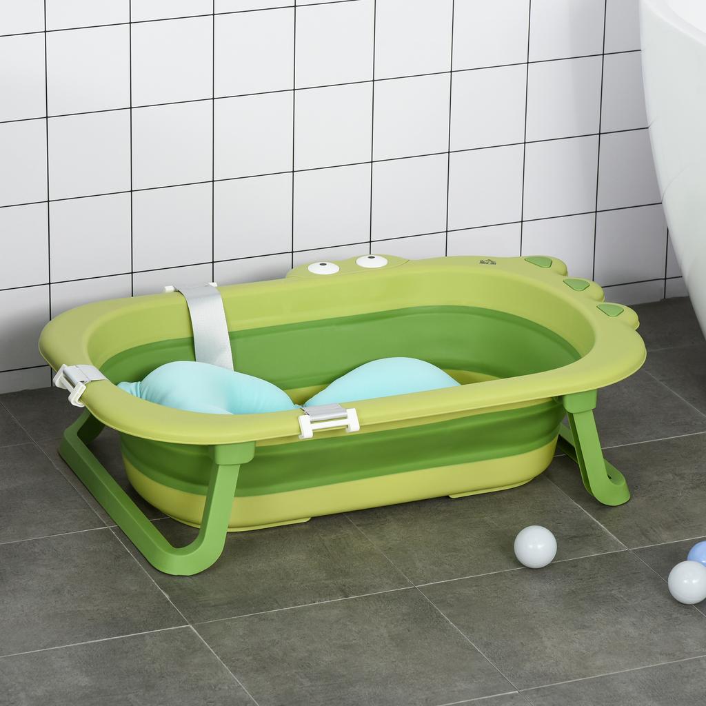 Foldable Baby Bath Tub, 0-3 Years, Blue Cushion, Non-Slip Feet, 80x53.9x20.8 cm, Green