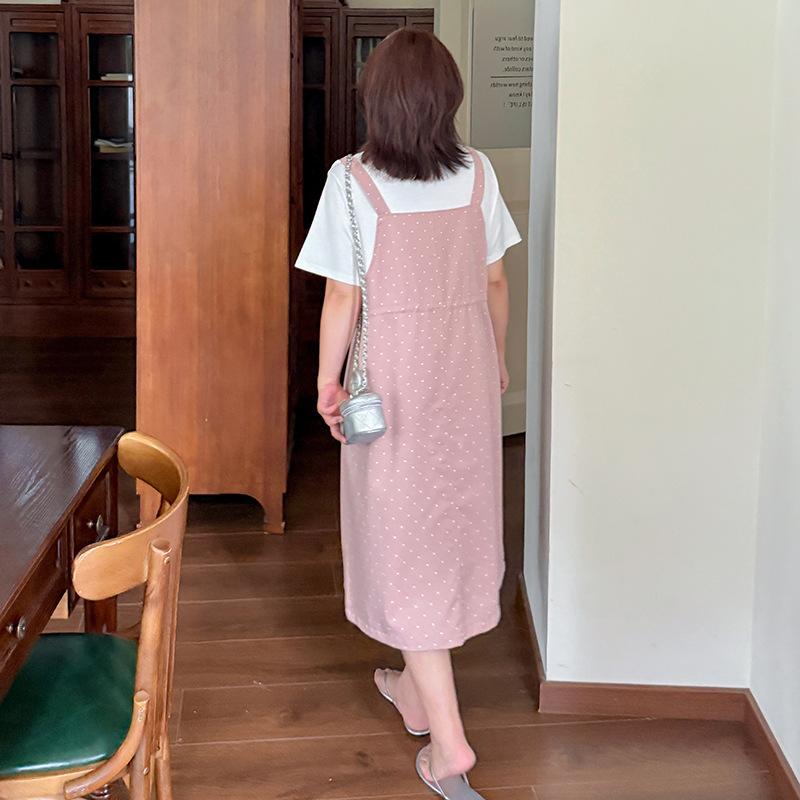 Large size women's clothing polka dot fake two-piece strap skirt summer new waist age-reducing dress 212484