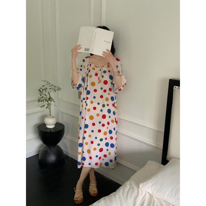 1011 new cotton and silk nightdress women's high-end printing short-sleeved long dress large size thin can be worn outside loungewear
