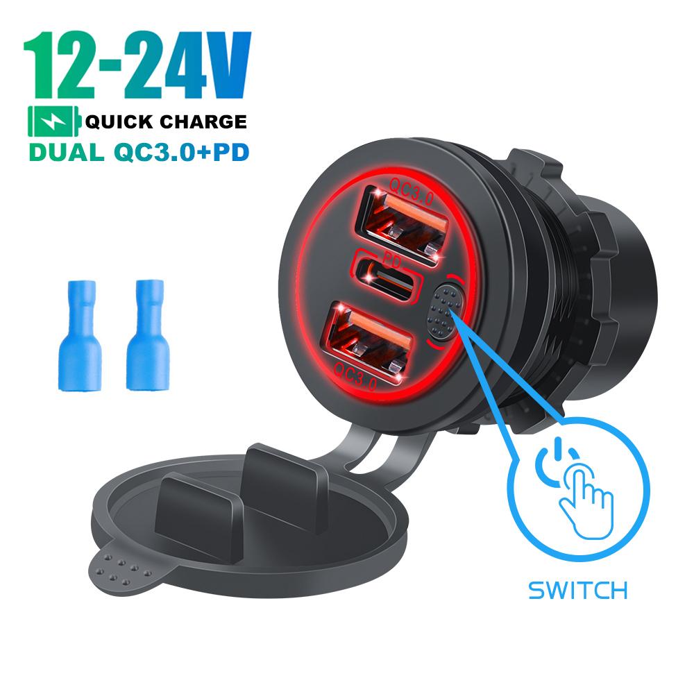 Автомобильное зарядное устройство с двумя портами USB C Pd для телефона Quick Qc3.0, автоматический адаптер для телефона 12 В/24 В с сенсорным переключателем для автомобиля мотоцикла