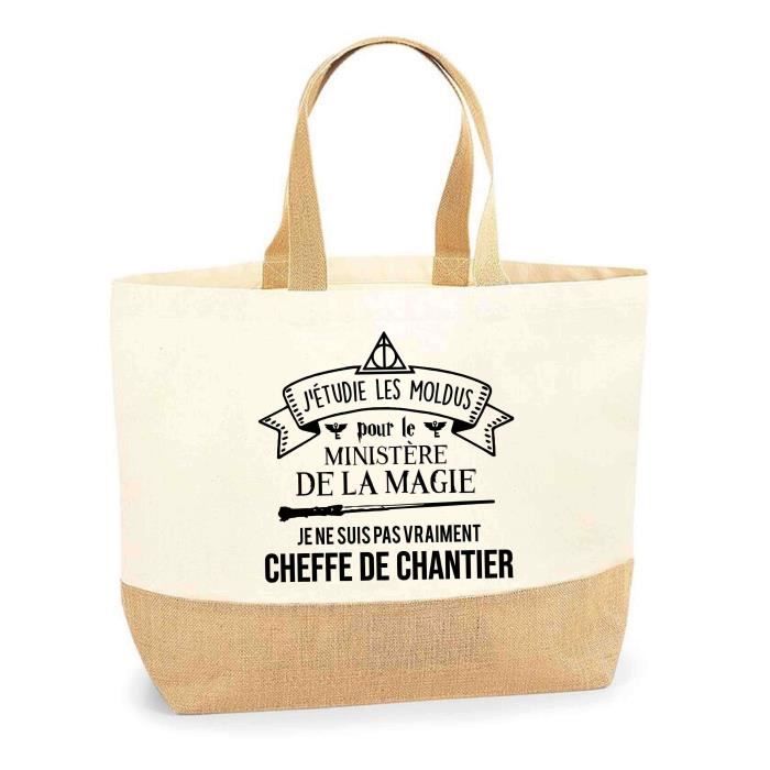Sac Jute cheffe d'atelier Ministère de la Magie Femme Anniversaire | Cabas de Plage Courses Coton et Toile de Jute Idée Cadeau Femme