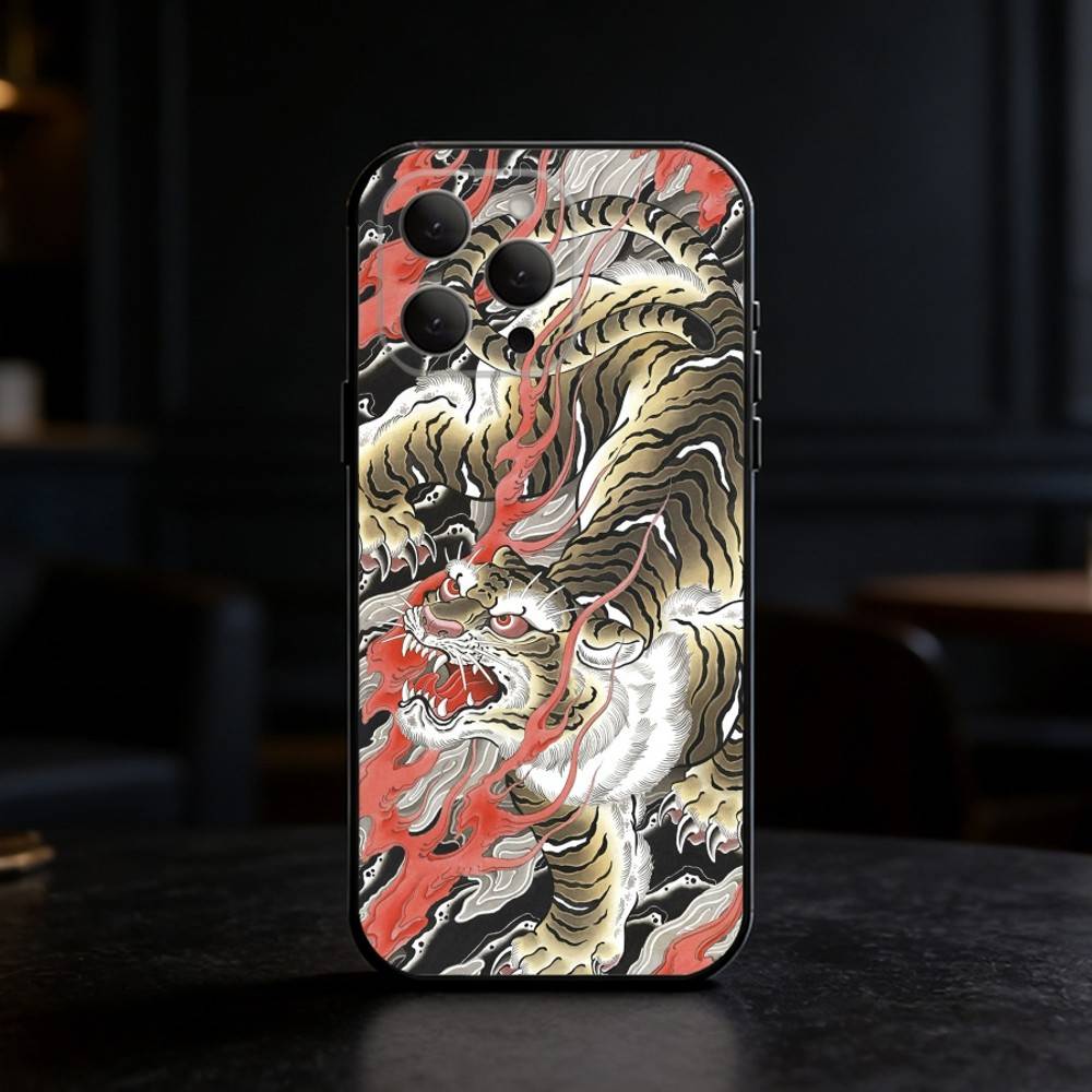Japanese Ukiyo-e Tiger Phone Case Silicone black Soft For IPhone 17,16,15,14,13,12,11,SE,Plus Pro Max