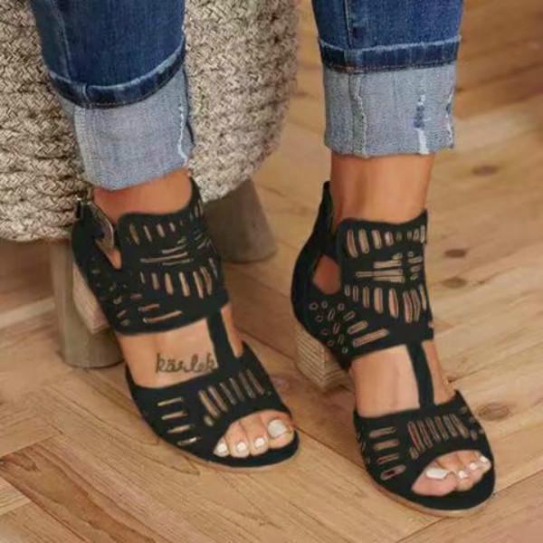 Hollow Fish Mouth Zipper Chunky Heel Women's Casual Sandals